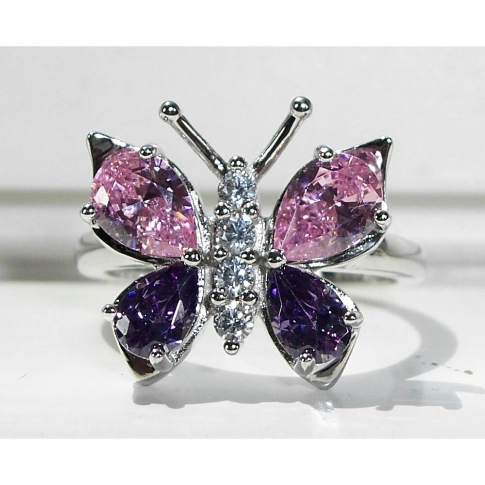 925 STERLING SILVER Simulated Amethyst & Pink Sapphire CZ Butterfly Ring